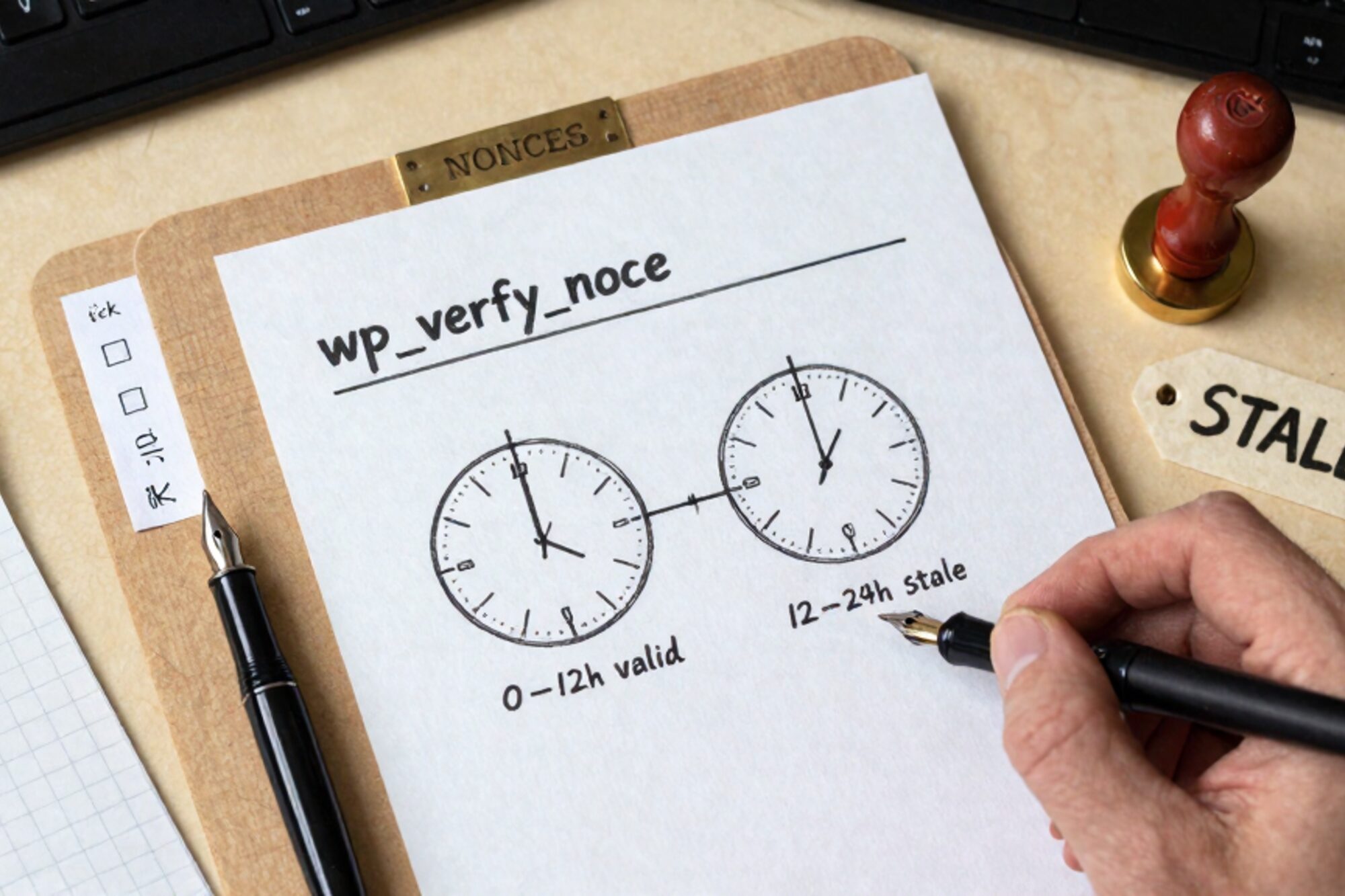 Overhead photo on bone linen: WordPress security worksheet, time-tolerance diagram, NONCES folder, index cards, brass plate, fountain pen, red wax seal tag reading STALE.