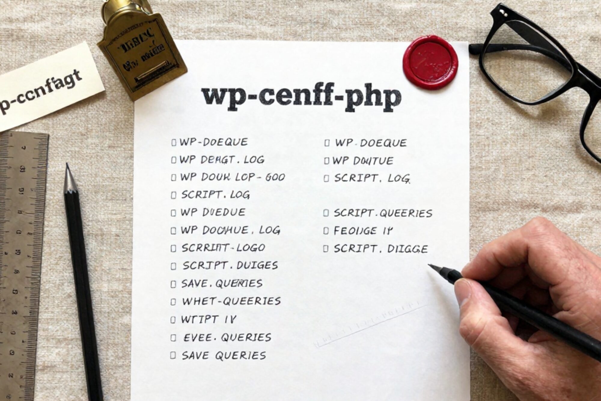 Overhead photo of aged wp-config.php cheatsheet with PHP debug constants, brass paperweight, ruler, pencil, red wax seal.