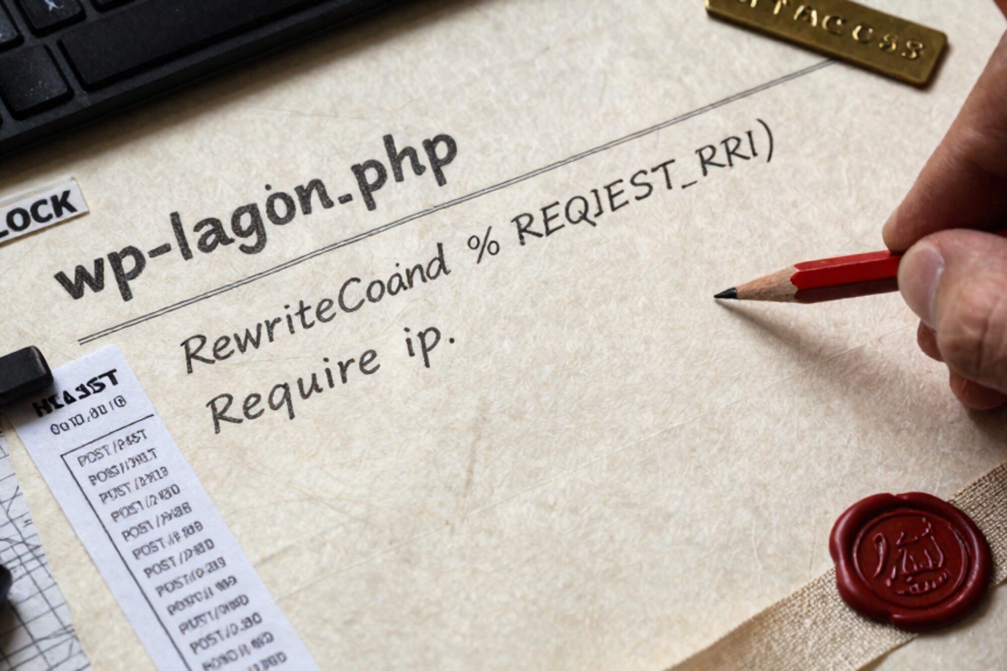 Overhead photo on bone linen: aged .htaccess sheet, access-log strip, manila BLOCK tab, brass HTACCESS plate, red pencil, wax seal.