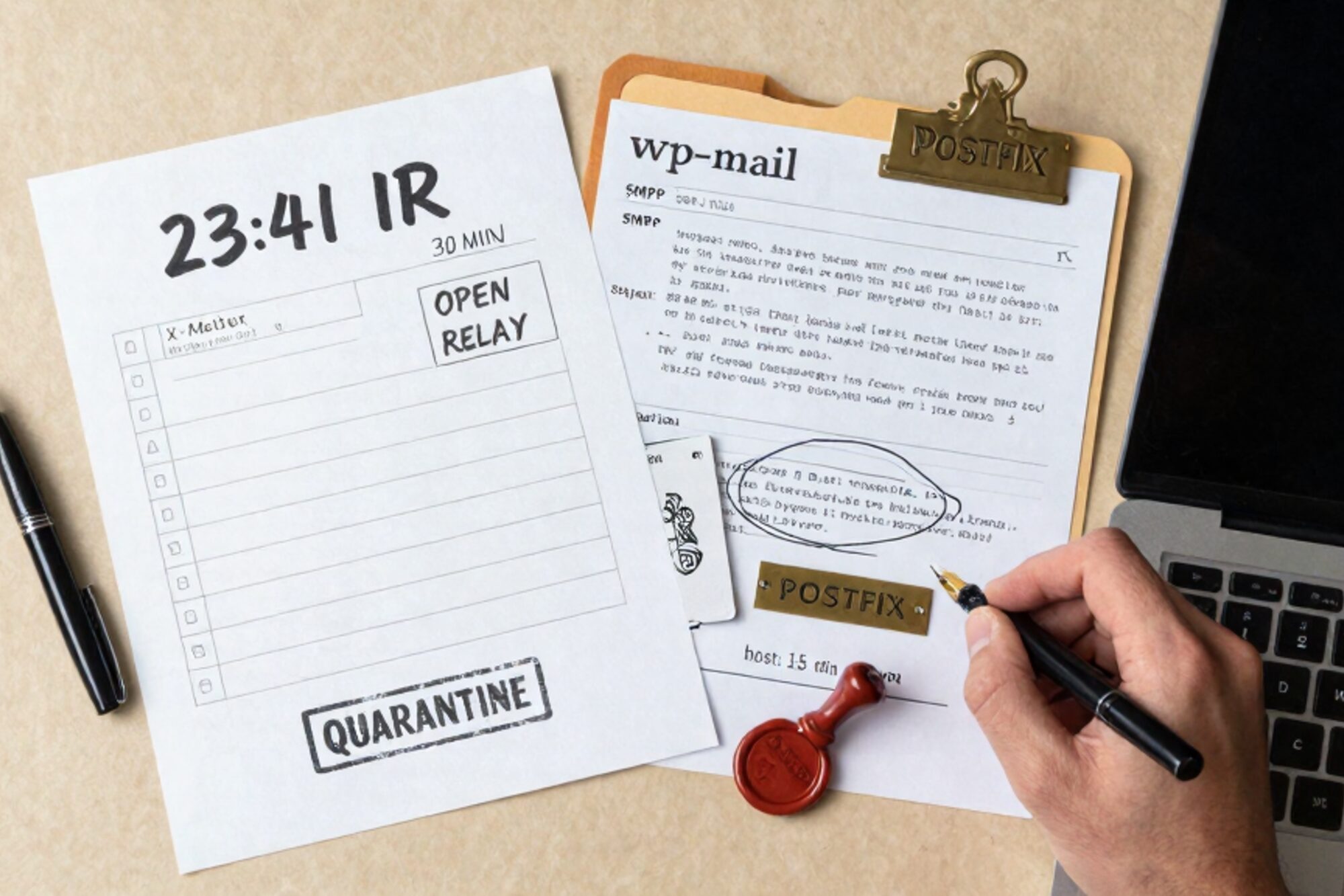 Bovenaanzicht op linnen: papieren draaiboek, SMTP-log, manilamap, messing Postfix-plaatje, rood waszegel.