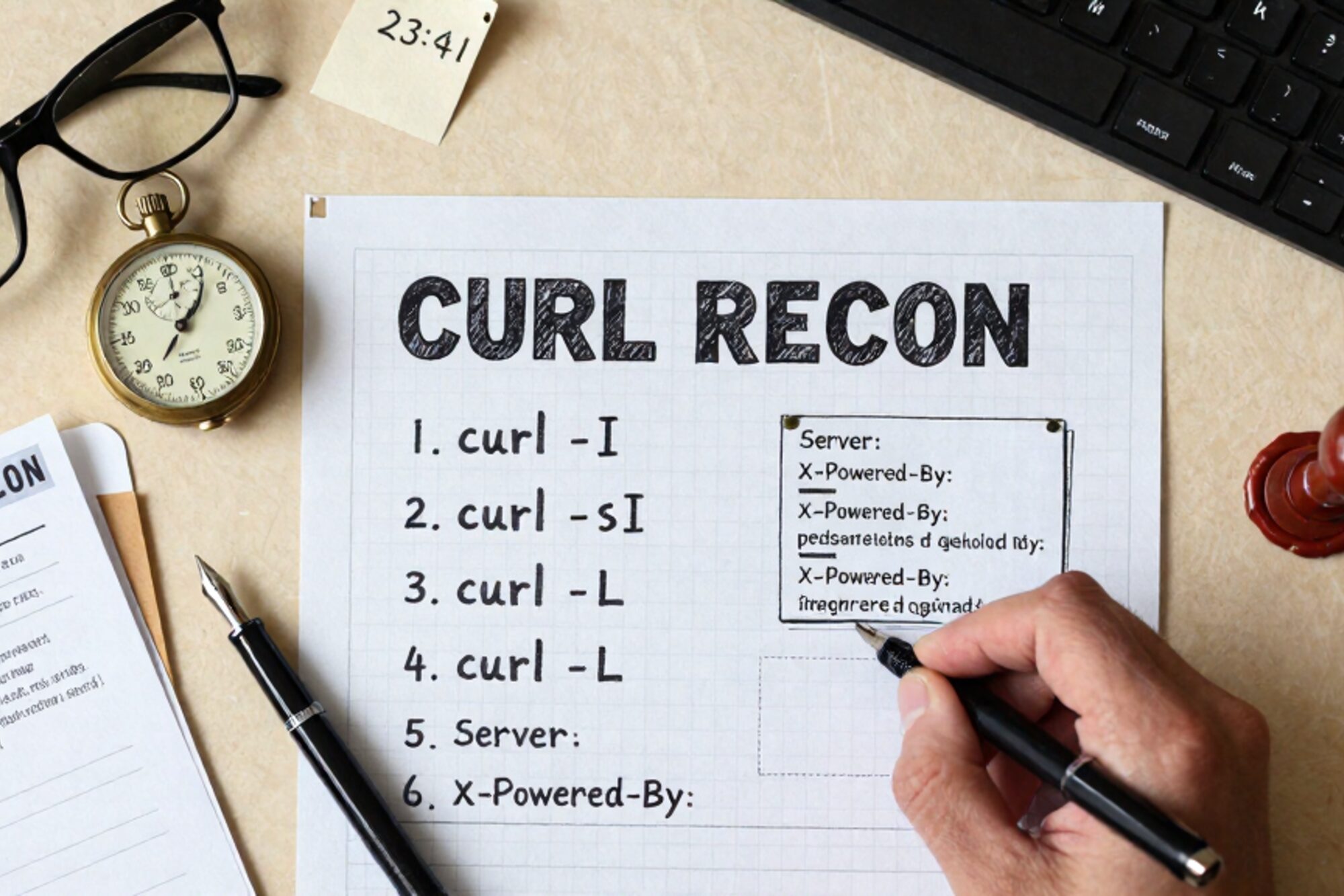 Bovenaanzicht van CURL RECON-werkblad op linnen met headerprints, koperen stopwatch, mapje, vulpen en rode lakzegel.