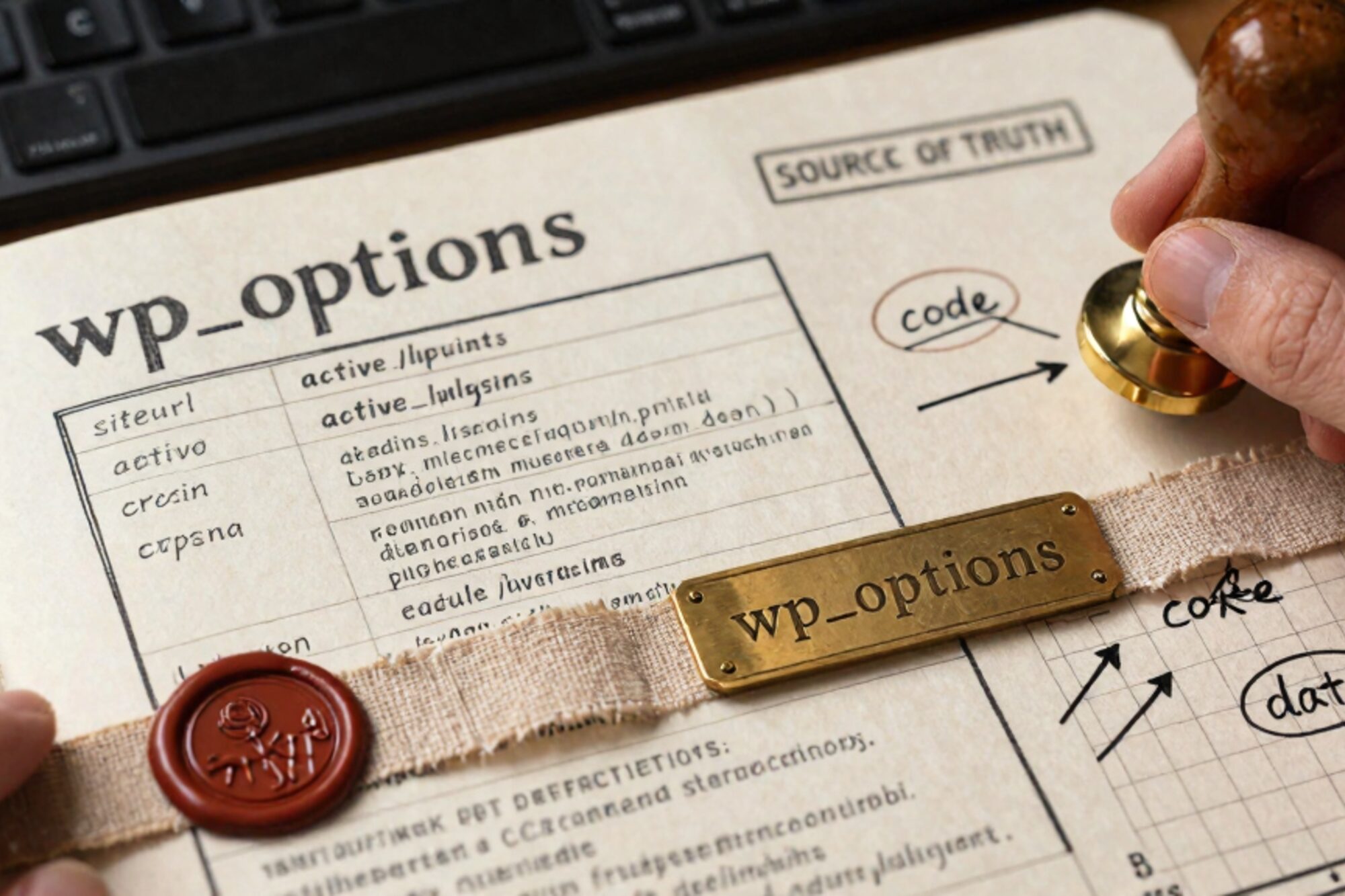 Bovenaanzicht van papieren schema wp_options, manilamap, messing plaatje, rode lakzegel op linnen lint.