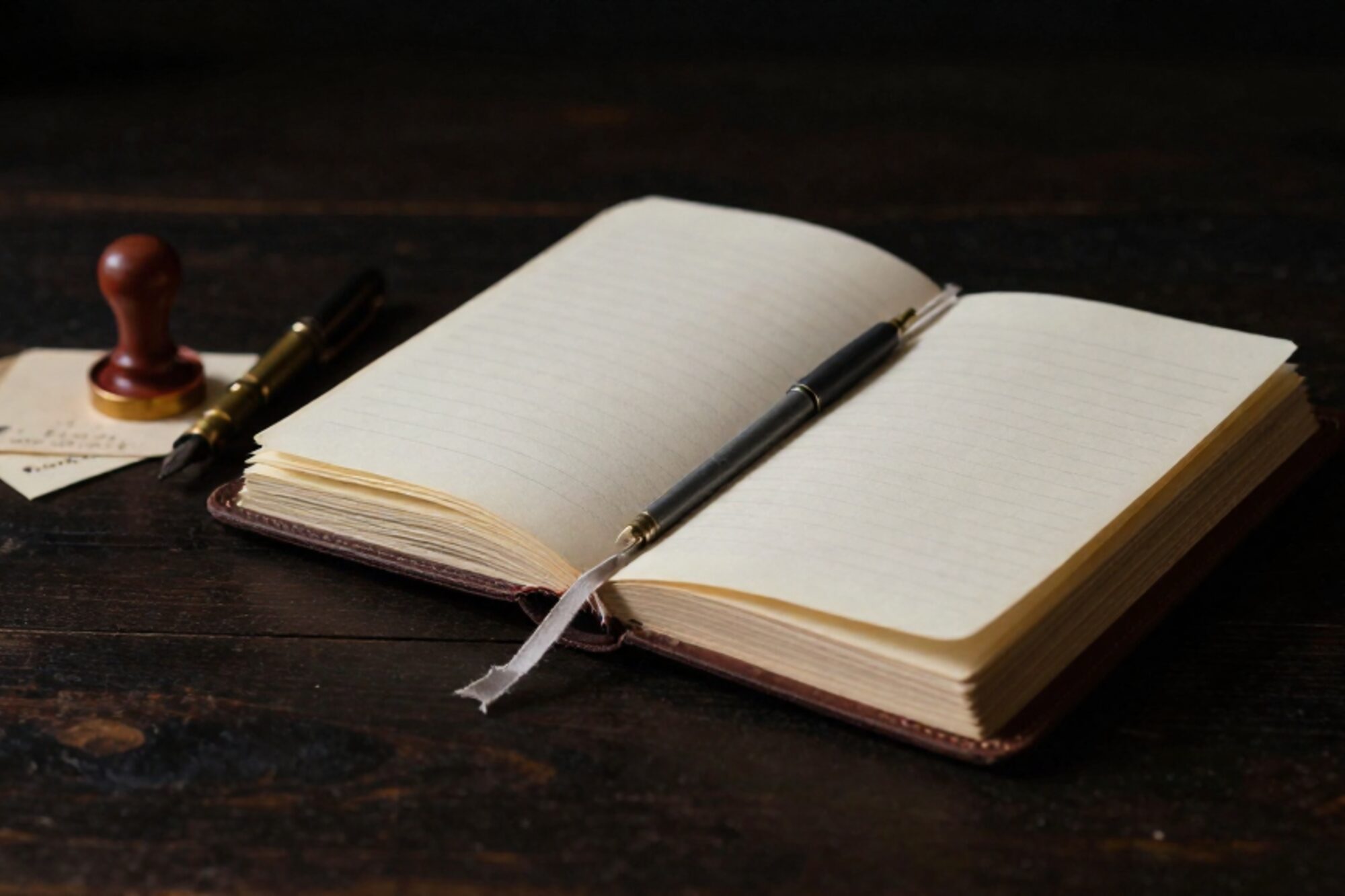 Gesloten leren logboek met zijden lint, messing penpunt op rode lakzegel, gedateerde kaart op eiken bureau.