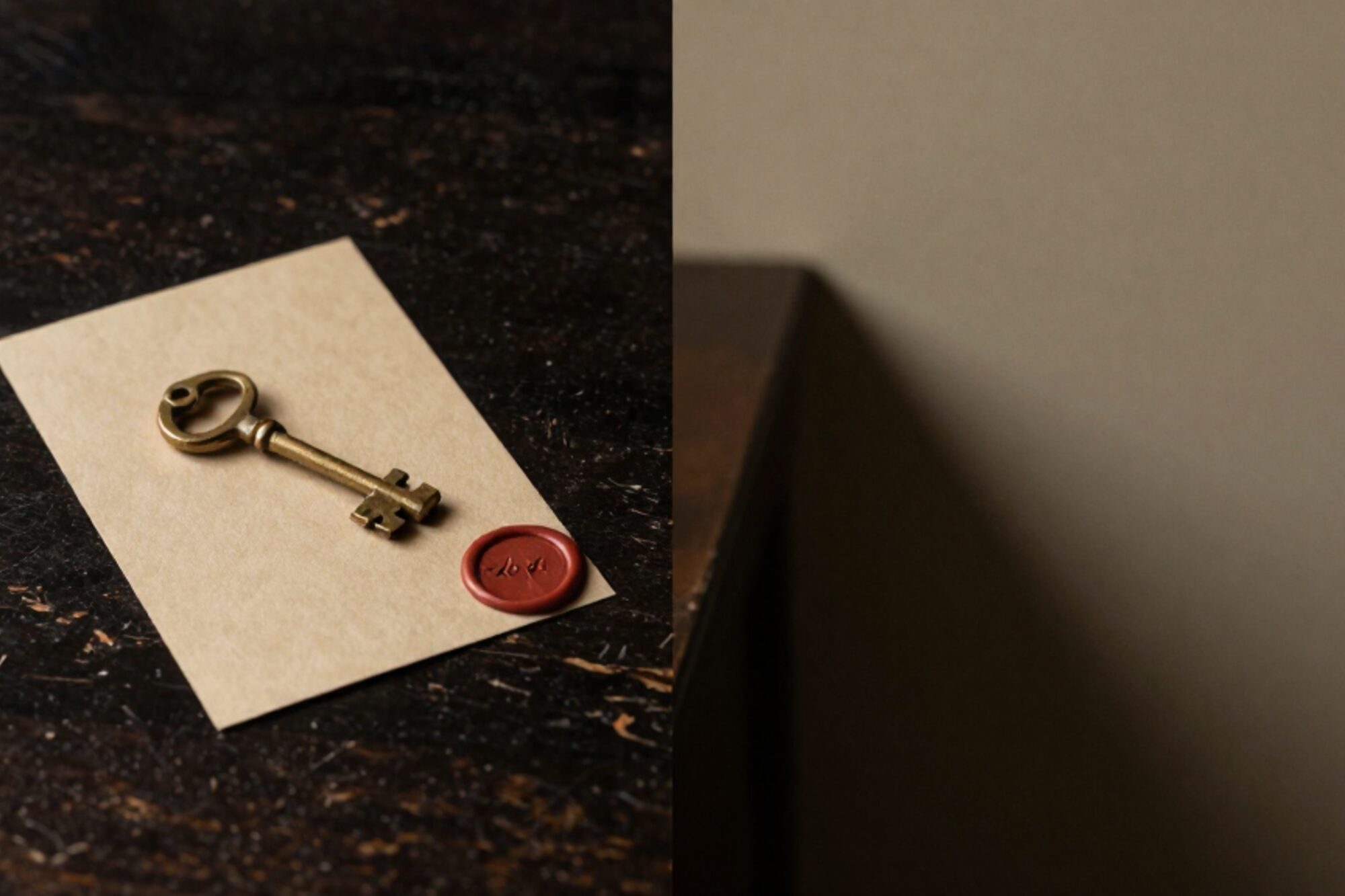 Messing sleutel op botkleurige kaart met inktstempel en kleirood lakzegel, op een bekraste donkere eikenhouten tafel.