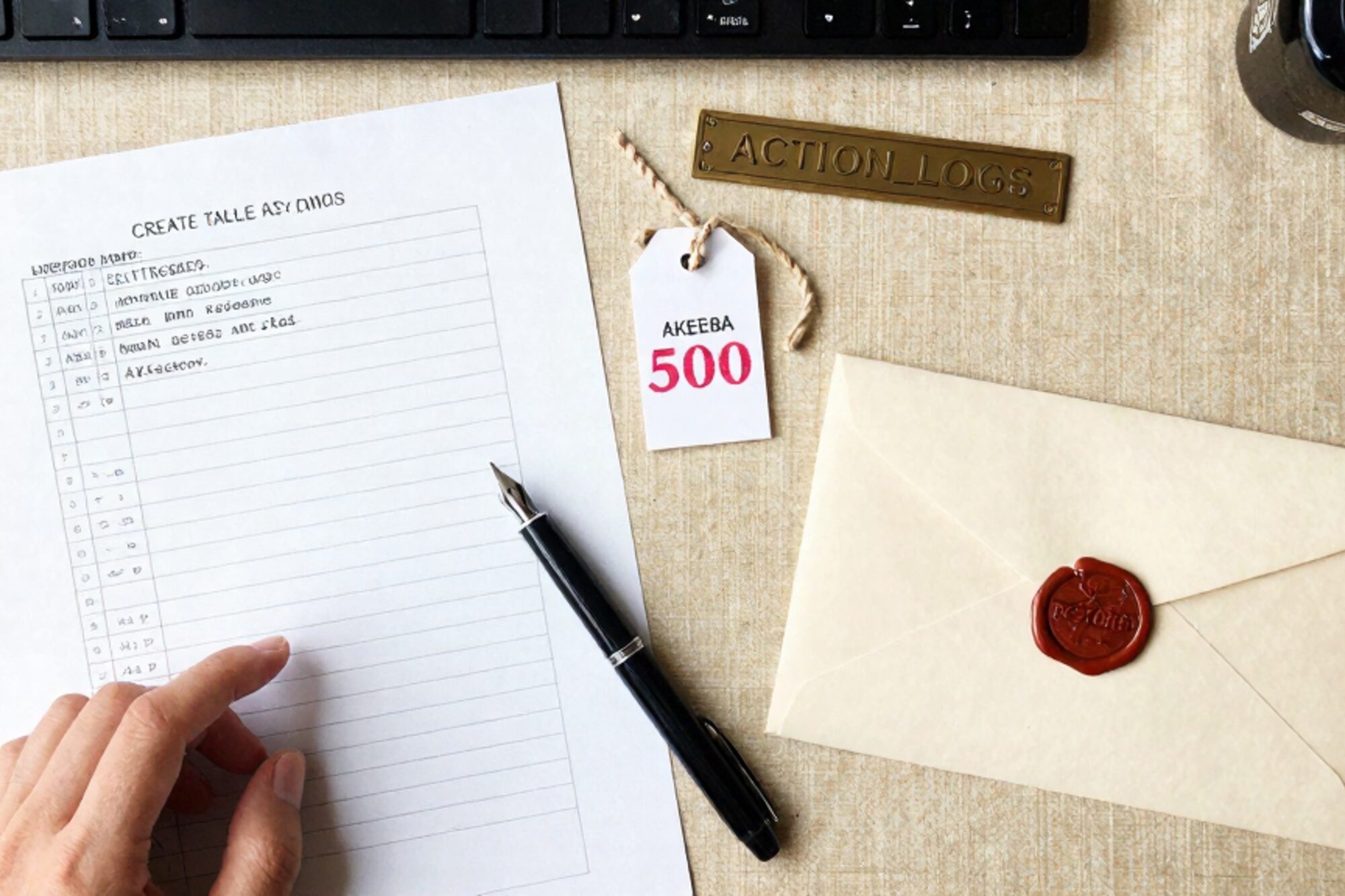 Papieren schema met CREATE TABLE action_logs, messing plaat, gelakte RESTORE envelop, manila Akeeba label op linnen.