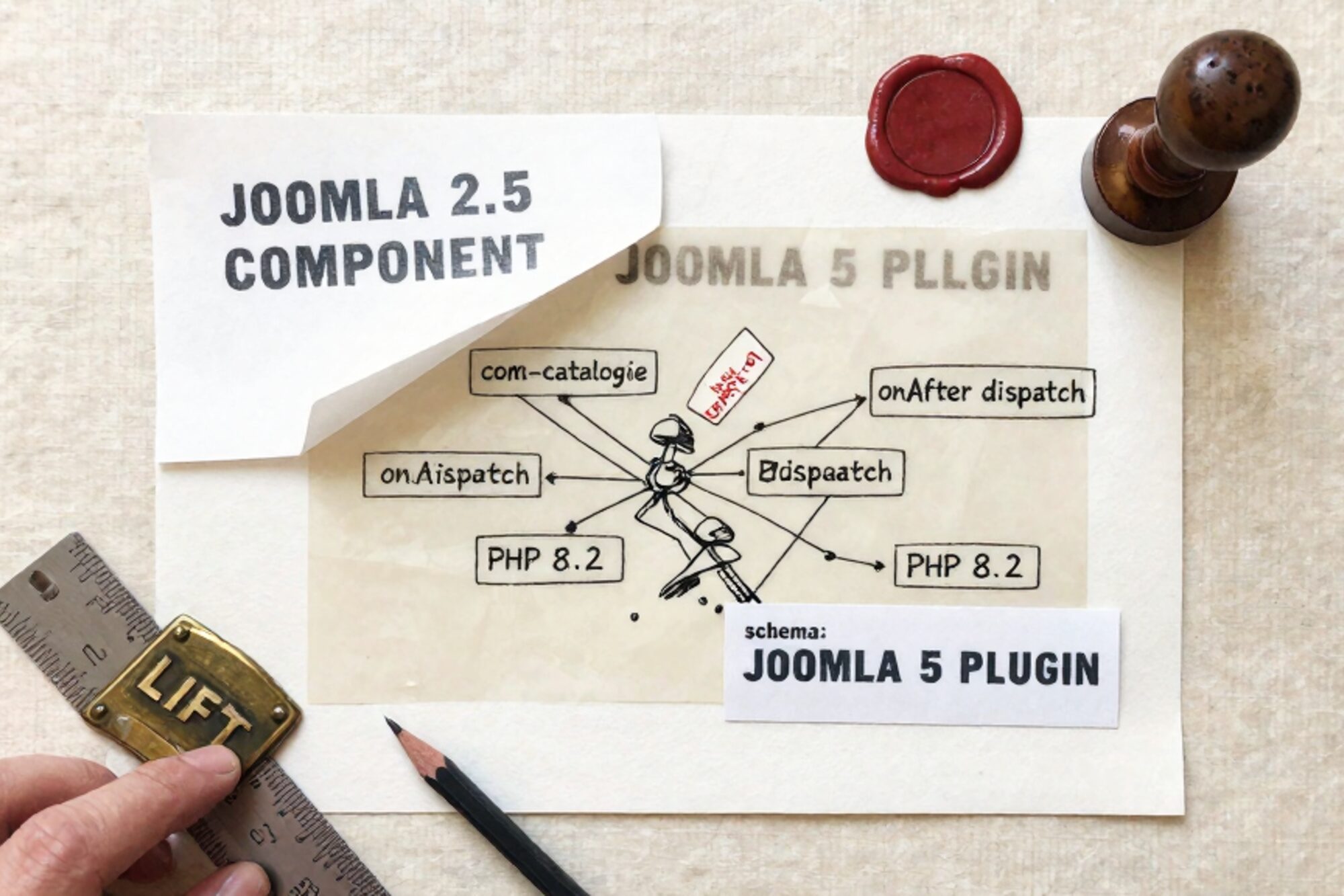 Twee papieren vellen gelabeld Joomla 2.5 Component en Joomla 5 Plugin, koperen punaises, liniaal, potlood, rood lakzegel.