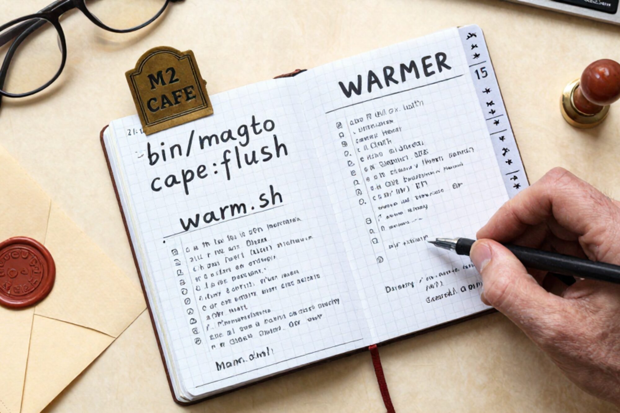 Bovenaanzicht van Magento cache-warmer playbook op ruitjespapier met manilamap, crontab-strook, messing plaatje, lakzegel.