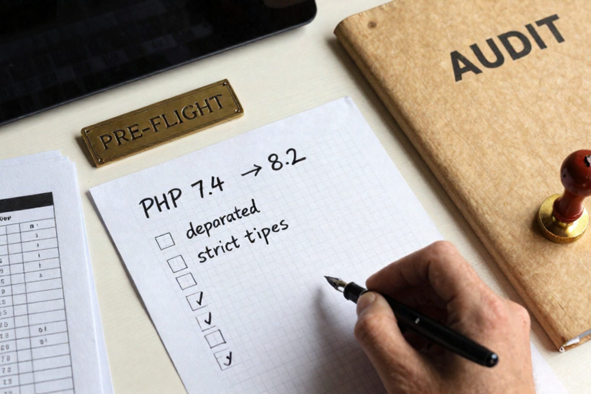 Foto van boven: ruitjespapier PHP-upgrade checklist, functievellen, manilla AUDIT-map, messing PRE-FLIGHT plaat, vulpen.