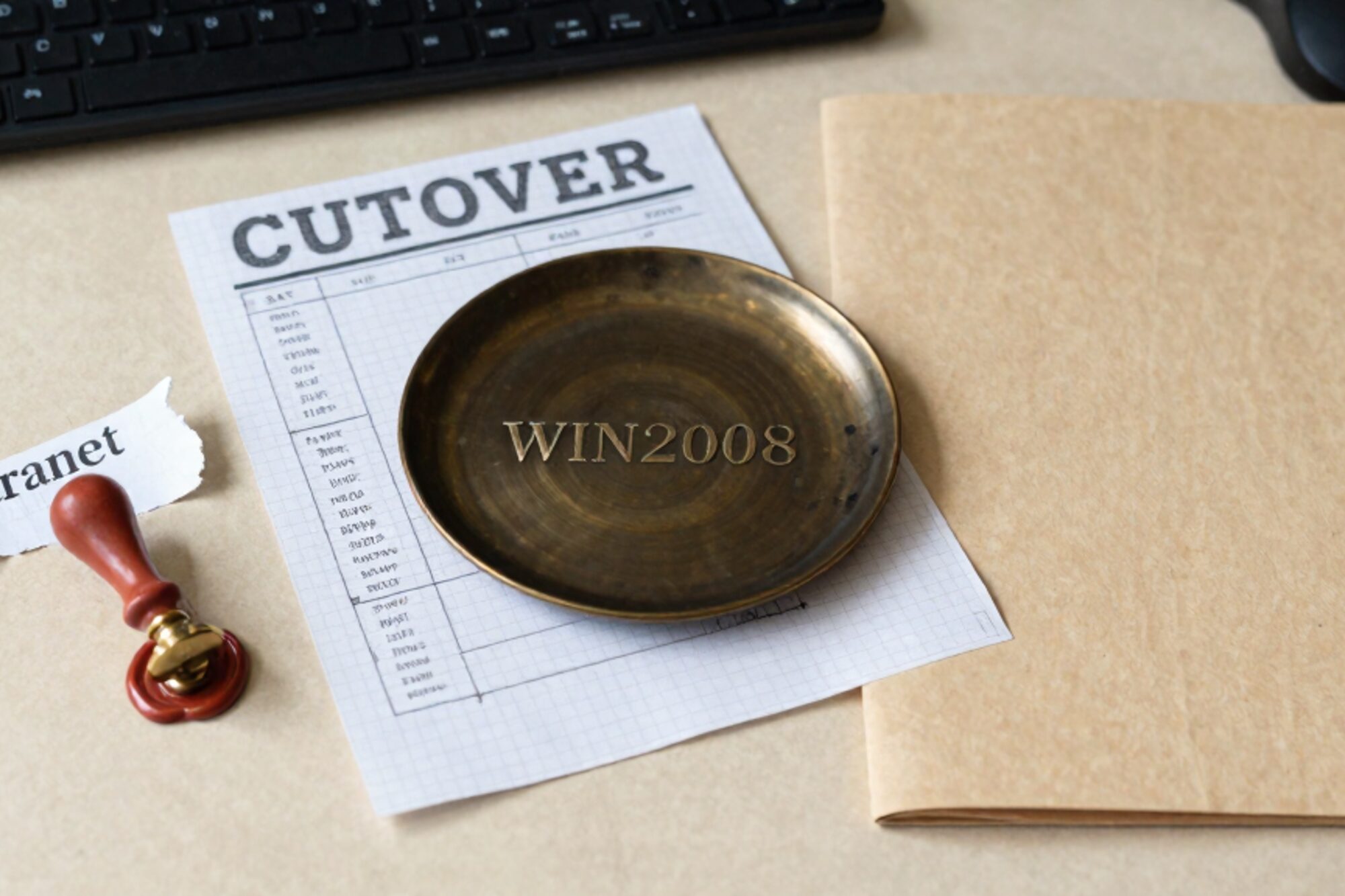 Inktzwarte messing plaat met WIN2008 op gevouwen draaiboek over CUTOVER-millimeterpapier, manilamap, rood waxzegel, linnen.