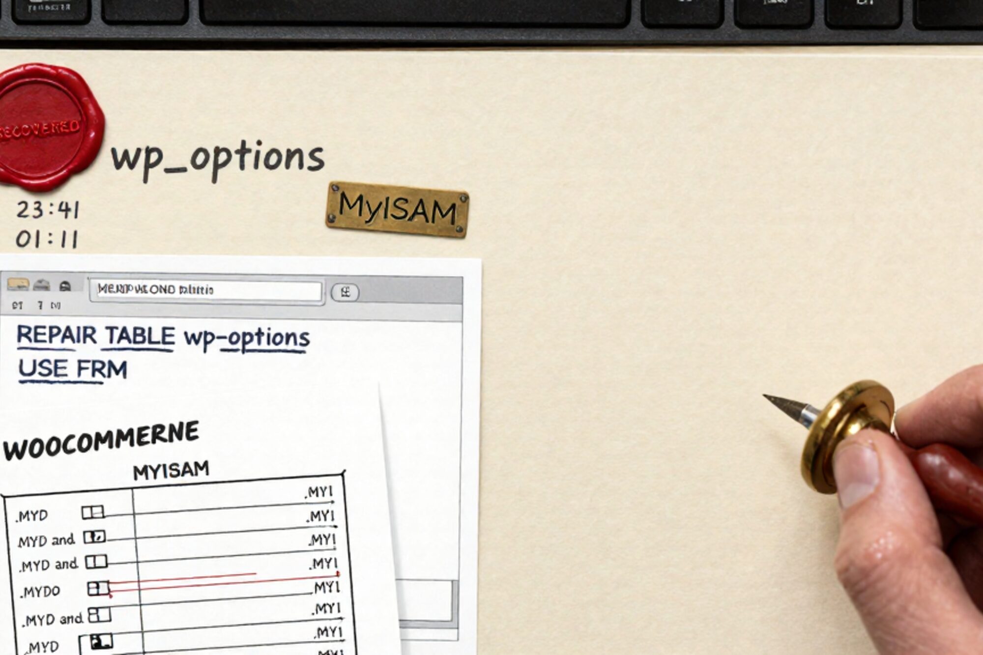 Foto van bovenaf op linnen: papieren reparatielogboek wp_options, phpMyAdmin-print, MyISAM-schema, lakzegel.