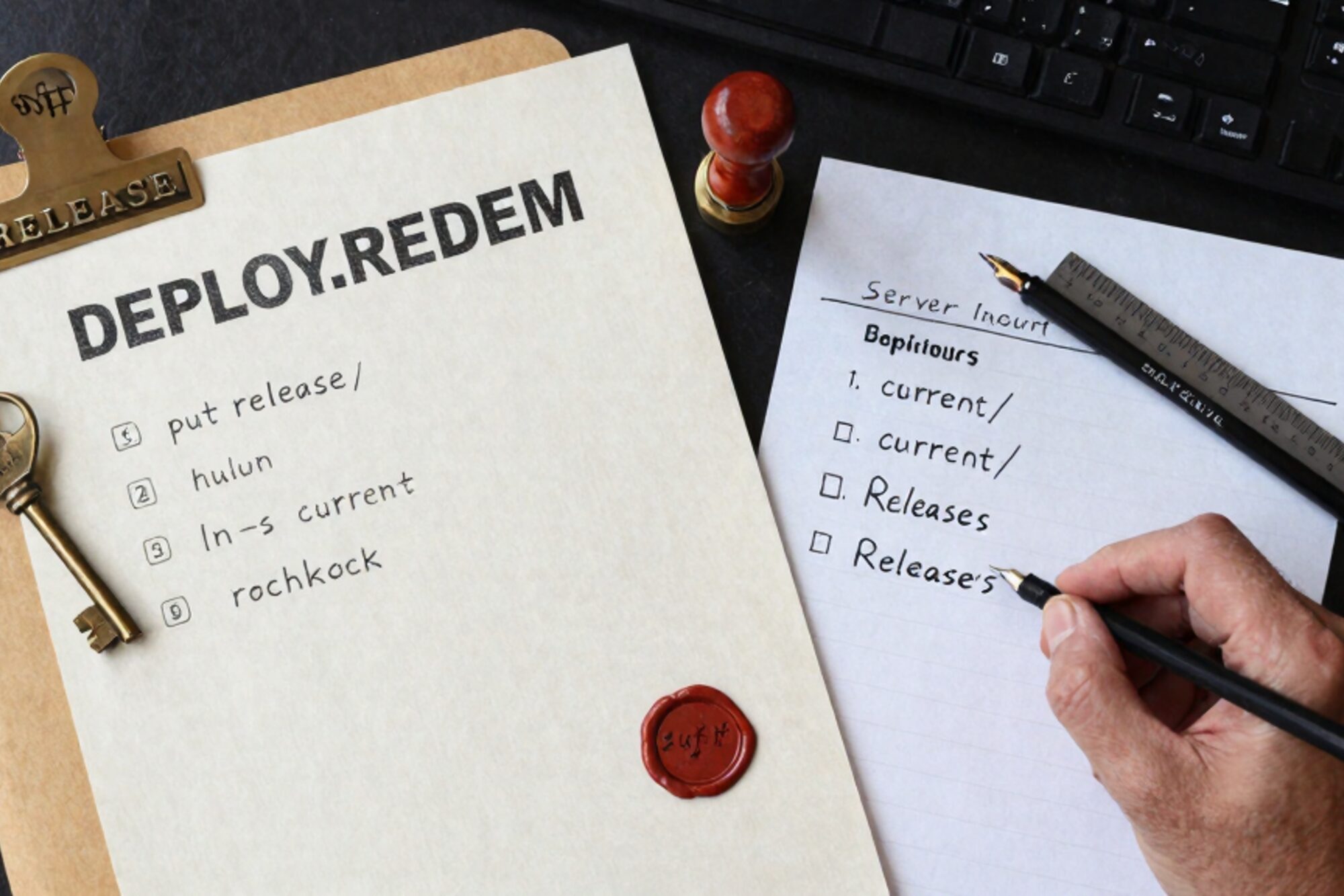 Bovenaanzicht stilleven op linnen: oud SFTP-deployrecept, stappenlijst, manilla tab, messing sleutel, rode lakzegel.