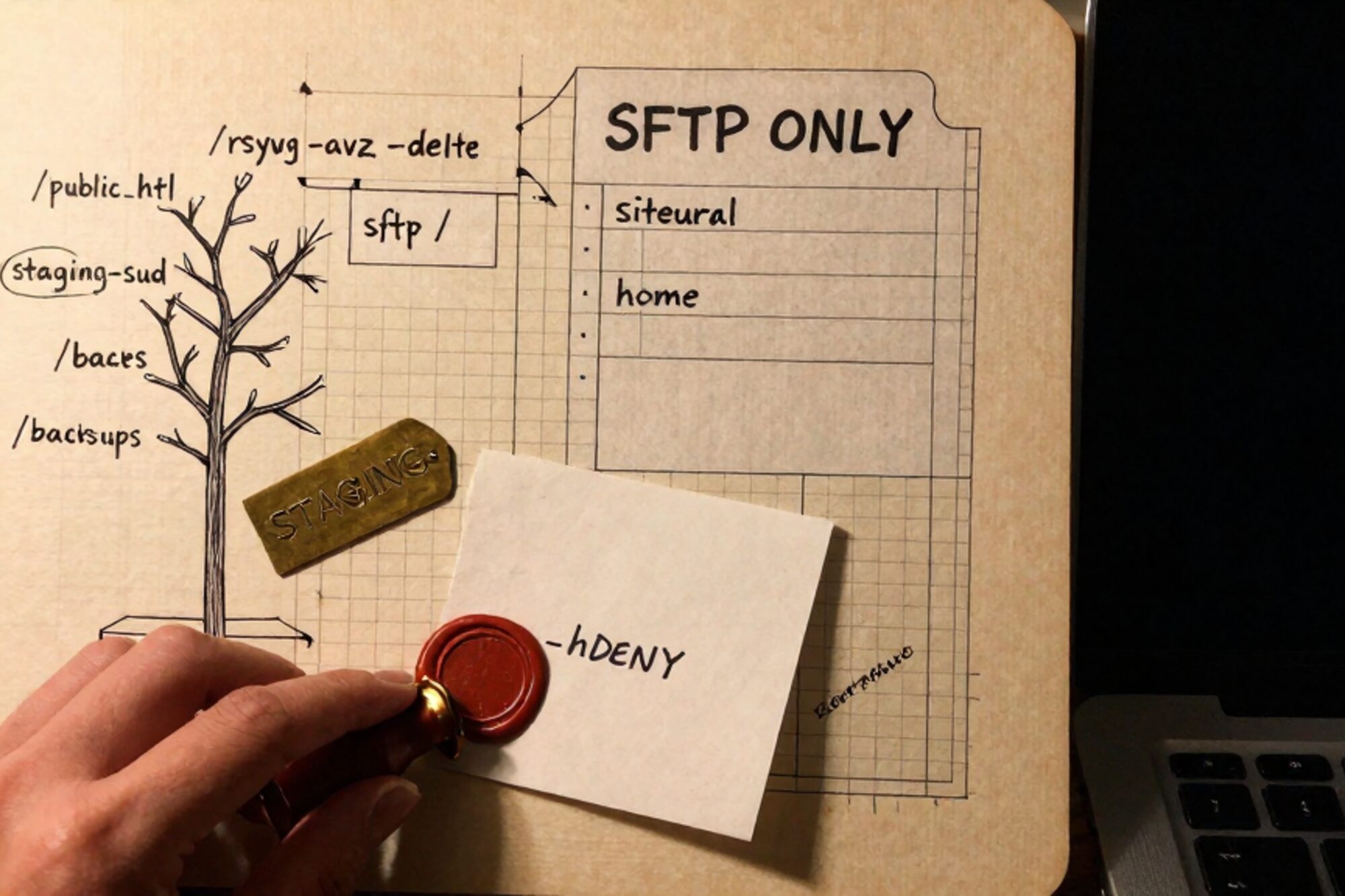 Inkttekening mappenboom, rsync-werkblad, manila SFTP-tab, messing STAGING-label, rode lakzegel op .htaccess-uitdraai.