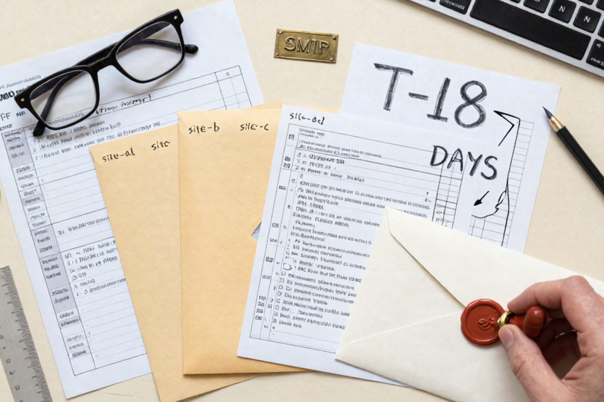 Bureauopname: SMTP-werkblad, envelop-routeschema, drie manilla mappen, messing sleutel, lakzegel op linnen.