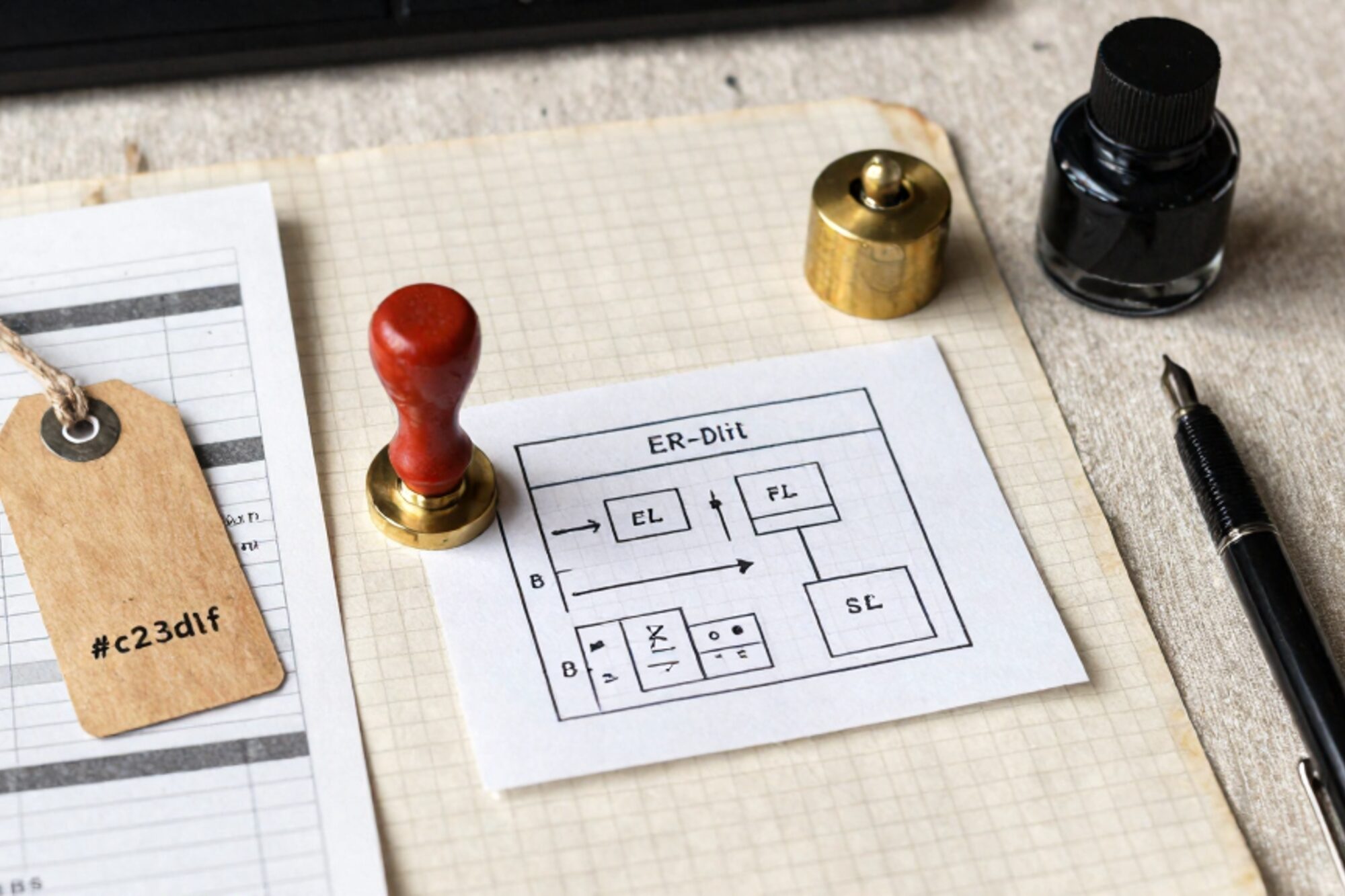 Open houten kaartenbaklade op eiken bureau, messing labelhouder, waaiervormige indexkaarten, rood verzegeld papieren label.