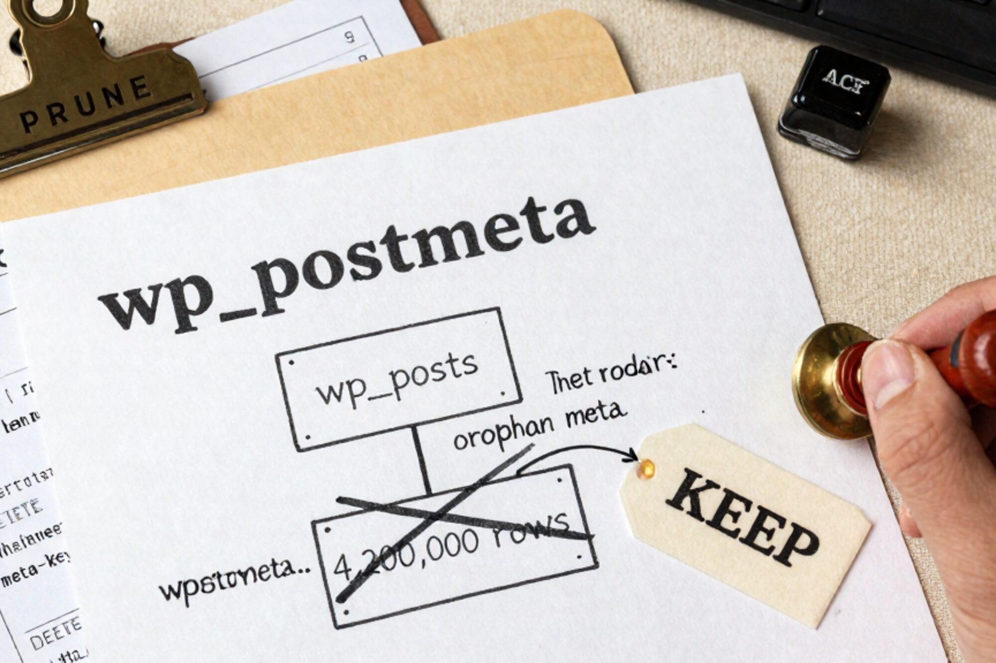 Bovenaanzicht op linnen: papieren werkblad "wp_postmeta", ER-schets, manilamap ACF, koperen presse-papier, rood lakzegel "KEEP".